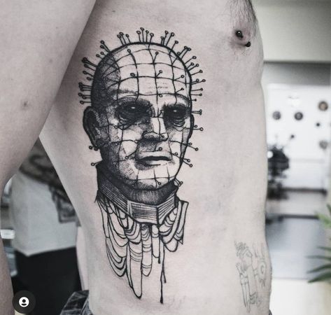 Black Work Horror Tattoo, Horror Blackwork Tattoo, Boogieman Tattoo, Pin Head Tattoo, Cenobite Tattoo, Small Horror Tattoo, Pinhead Tattoo, Horror Movie Tattoos Ideas, Hellraiser Tattoo