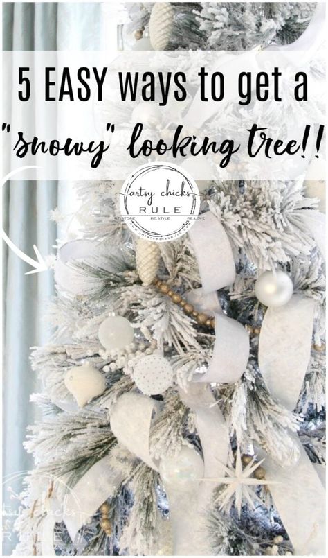 Have you ever wondered how certain trees just look magically covered in snow?? Well, and just magical?? Today I'm sharing 5 ways to up your tree game...with "snow" so you can have a magical snow covered Christmas tree look too! artsychicksrule.com #snowcoveredtree #snowytreelook #flockedtree #snowfilledtree Diy Snow Tree, How To Flock A Christmas Tree With Spray Snow, Diy Snow On Christmas Tree, Adding Snow To Christmas Tree, Snow Spray On Christmas Tree, Spray Snow On Christmas Tree, Flocking A Tree With Spray Snow, Snow White Christmas Decorations, Snow Theme Christmas Tree