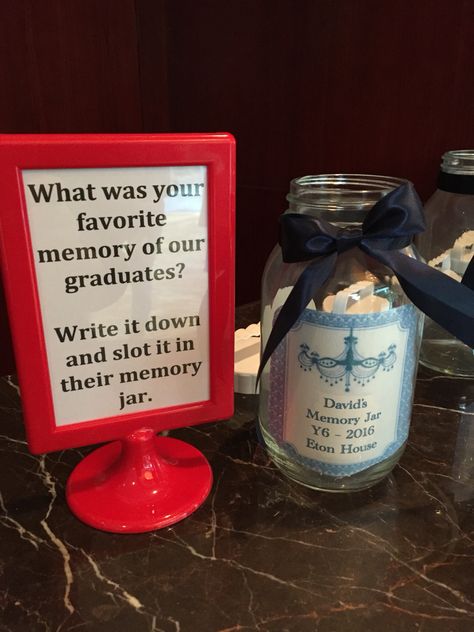 Graduation idea! Memory Jar. Memory Jar Birthday Party, Memory Lane Graduation Party, Memory Jar Birthday, Grad Party Advice Jar, Grad Party Memory Jar, Gratitude Jar, Memory Jar, Write It Down, Grad Parties