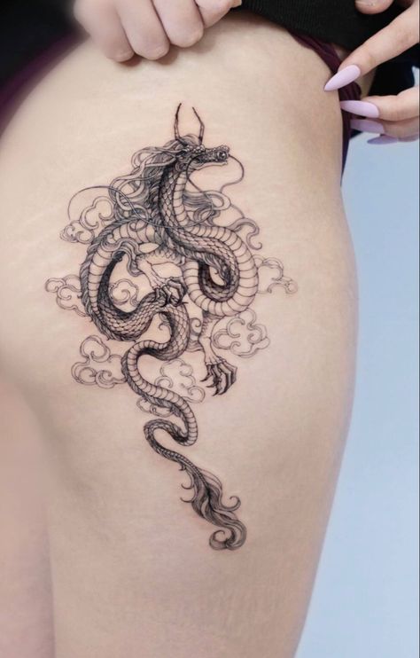 Dragon Tattoo With Clouds, Cloud Dragon Tattoo, Dragon In Clouds Tattoo, Dragon Clouds Tattoo, Fineline Dragon Tattoo, Dragon Thigh Tattoo, Dragon Tattoo Sketch, Serpent Tattoo, Chinese Dragon Tattoos