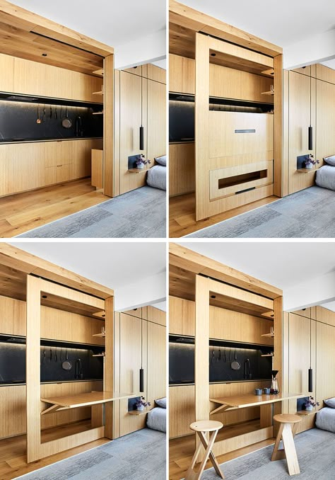 Narrow Apartment Design, Never Too Small Apartment, Small Modern Apartment, Narrow Apartment, Modern Small Apartment Design, Hidden Furniture, Transformable Furniture, Compact Apartment, Hidden Room