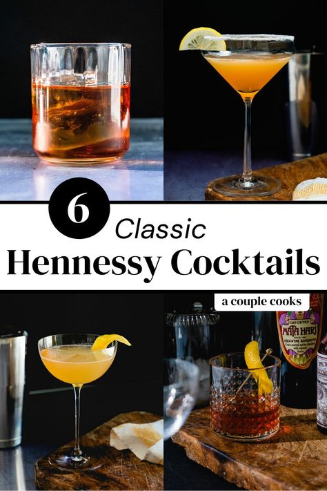 Here are the best Hennessy cocktails to try with this centuries old brand of Cognac! It shines in classics from the Sidecar to the Sazerac. | cocktails | cocktail recipes | drinks | hennessy cocktails recipes | cognac cocktail | brandy cocktails | #hennessy #cocktails #hennessycocktails Famous Drinks Alcohol, Evan Williams Recipes, Hennessey Cocktail Recipes, White Hennessy Drinks Recipes, Brown Liquor Mixed Drinks, Henny Drinks Recipes, Hennessy Drinks Recipes Cocktails, Hennessey Drink Recipes, Hennessy Sidecar Recipe