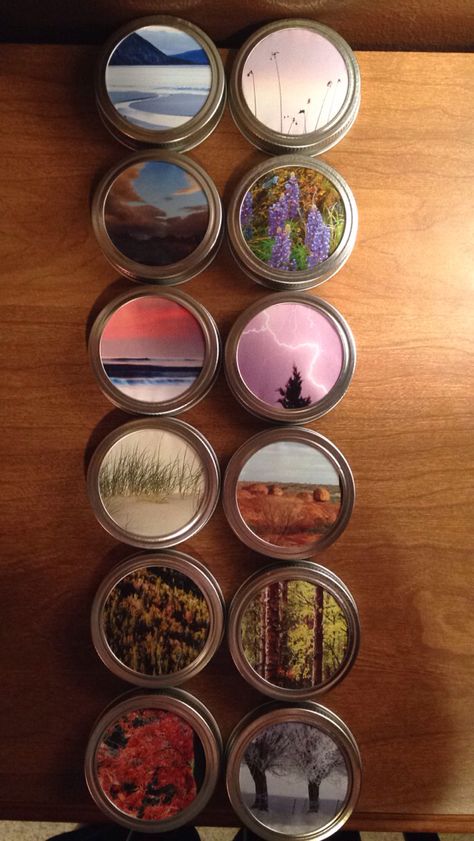 Put a picture in between the lid and the cap of mason jar lids for decoration Jar Lid Painting, Glass Jar With Lid Decorating Ideas, Mason Jar Lid, Diy Magnets, Canning Lids, Lid Organizer, Glass Jars With Lids, Mason Jar Lids, Painted Jars