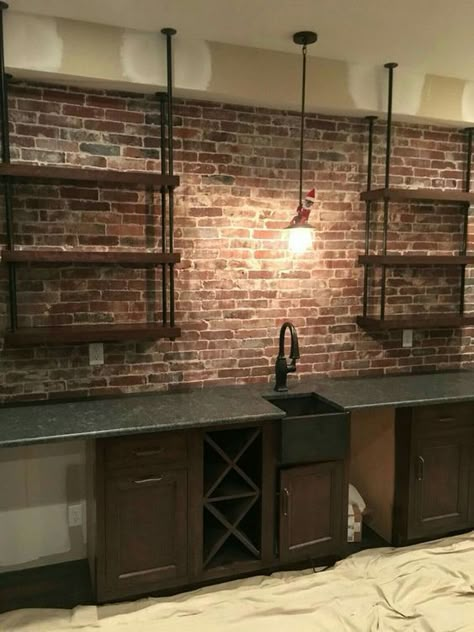 Cob Kitchen, Kitchen Exposed Brick, Farm Kitchen Ideas, Brick Wall Kitchen, Brick Farmhouse, Tech Room, Basement Bar Ideas, Bar Sala, Interesting Decor