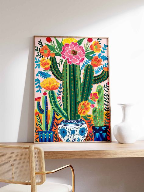 Mexico Acrylic Painting, Vintage Mexican Art Folk, Mexican Art Home Decor, Bright Colour Decor, Mexican Art Painting Easy, Mexican Murals Restaurant, Mexican Inspired Home Decor, Mexico Painting Ideas, Colorful Room Ideas Aesthetic