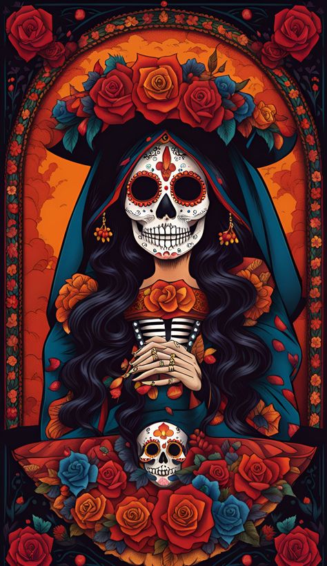 Sugar Skulls Wallpaper, Catrina Wallpaper, Day Of The Dead Wallpaper, Santa Muerte Art, Mexican Art Traditional, Sugar Skull Art Drawing, Sugar Skull Wallpaper, Sugar Skull Painting, Den Mrtvých