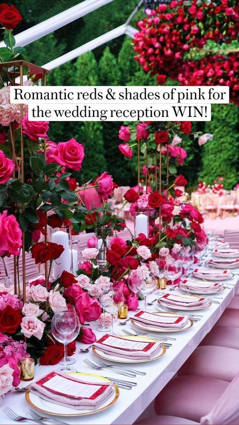 Romantic reds & shades of pink for the wedding reception WIN! in 2022 | Romantic wedding decor, Wedding flowers, Wedding decorations Rose Garden Party Ideas, Welcome Dinner Wedding Decor, Fushia Centerpieces Ideas, Pink And Red Decor Party, Round Flower Arrangements Shape, Romcom Wedding Theme, Hot Pink And Burgundy Wedding, Shades Of Pink Table Setting, Brunch Decorations Table Centerpieces