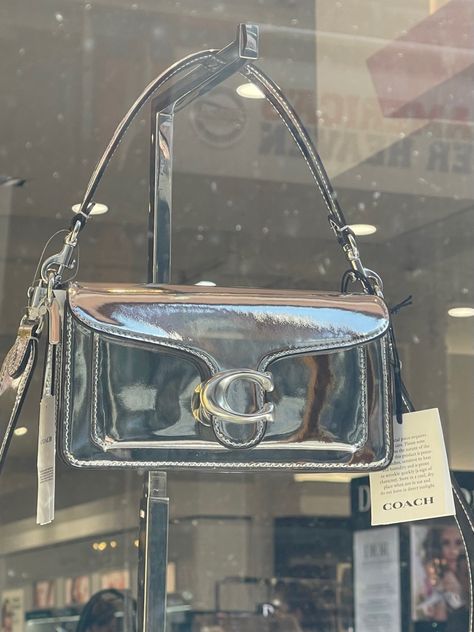 a silver coach bag hangs in the window of a shop Coach Silver Bag, Silver Coach Bag, Coach Bag Aesthetic, Unrealistic Wishlist, Silver Shoulder Bag, Cool Girl Aesthetic, Y2k Bags, Y2k Handbag, Vivienne Westwood Jewellery