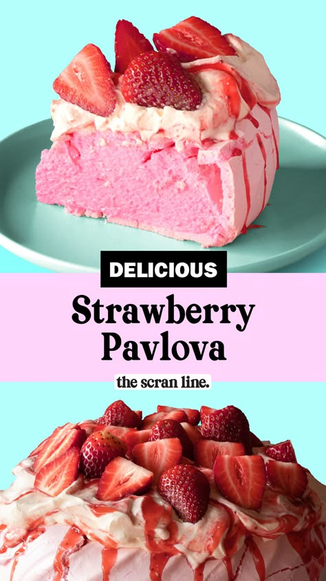 Strawberry Pavlova Recipe, Pavlova Birthday Cake, Pink Pavlova, The Scran Line, Scran Line, Strawberry Coulis, Strawberry Pavlova, Pavlova Dessert, Meringue Desserts