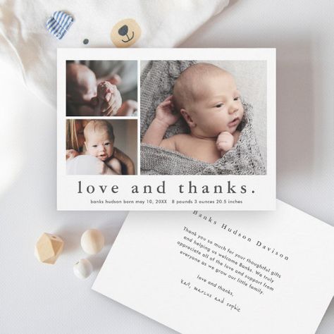 Love and Thanks 3 Photo Baby Thank You Card 3 Photo Collage, Baby Thank You Cards, Baby Announcement Photos, Birth Announcement Card, Baby Shower Thank You Cards, Thank You Postcards, Thank You Note Cards, Multi Photo, Simple Photo