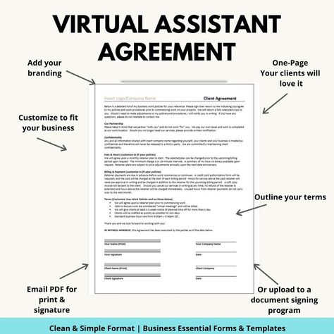 Grab this virtual assistant agreement. Easy to use, straight forward language, and editable. This is not a legal contract. It is intended to serve as a binding agreement between business parties, but without contractual language.  virtualassistantstartupkit virtualassistantresources virtualassistantbusiness virtualassistantbusinesstools virtualassistanttemplates virtualassistantserviceagreement virtualassistanttools startahomebusiness homebasedbusiness virtualbusinessassistant Virtual Assistant Pricing, Business Consultant Services, Formal Proposals, Welcome Letter, Business Printables, Business Consultant, Welcome Letters, Virtual Assistant Business, Proposal Templates