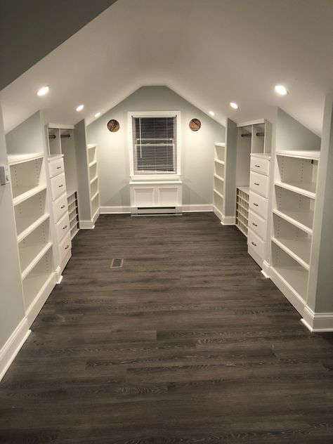 Sloped ceiling Slanted Ceiling Closet, Attic Bedroom Closets, Attic Bedroom Storage, Slanted Walls, Attic Bedroom Designs, Attic Closet, Slanted Ceiling, Attic Design, Attic Bedrooms