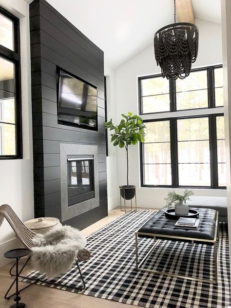 House Of Silver Lining, The House Of Silver Lining, Black Accent Walls, Black And White Living Room, Black Fireplace, Shiplap Fireplace, Family Room Fireplace, Fireplace Remodel, Fireplace Ideas