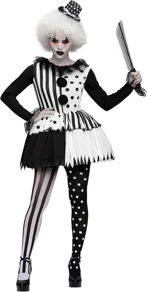 Prepare to terrify. This adult women's black and white killer clown costume is a chilling masterpiece designed to haunt your every nightmare. Crafted from luxurious 100% polyester, it features a captivating dress, printed leggings, and a sinister headband. The organza detailing and black and white splicing create a terrifyingly realistic appearance that will send shivers down spines.

Whether you're attending a Halloween party, a themed event, or simply want to unleash your inner terror, this costume is perfect for making a chilling impression. So, slip into the shoes of a sinister clown and prepare to become the star of the show. Terrifier Costume, Killer Clown Costume, Killer Clown, Hot Costume, Costume For Halloween, Clown Costume, Adult Costumes, Costumes For Women, Printed Leggings