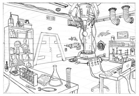 Lab Drawing, Mad Scientist Lab, Labs Art, Perspective Drawing Architecture, Perspective Art, Background Drawing, Perspective Drawing, Scene Design, Science Lab