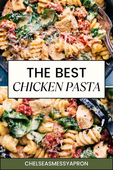 This is our all-time favorite Chicken Pasta-- starting with creamy Italian-seasoned rotini pasta that is tossed with tasty bites of chicken, succulent sun-dried tomatoes, and tender spinach. #dinner #best #quick #easy #simple #spinach #tomatoes #rotini #chicken #pasta Cajun Chicken Pasta Sun Dried Tomatoes, Chicken Spinach Pasta Salad, Chicken And Fusilli Pasta, Chicken Pasta Spinach Sun Dried Tomatoes, Rotini Crockpot Recipes, Chicken Bacon Pesto Pasta, Creamy Pesto Chicken Pasta Spinach Sun Dried Tomato, Southwest Alfredo Pasta, Rotini Recipes Easy