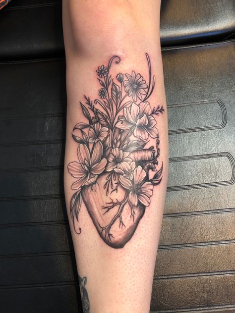 Anatomical Heart Sleeve Tattoo, Nursing Tattoos For Women Sleeve, Unique Nursing Tattoos, Nurse Skull Tattoo, Real Heart Tattoo With Flowers, Blooming Heart Tattoo, Paramedic Tattoo For Women, Sternum Tattoo Unique, Nurse Sleeve Tattoos For Women