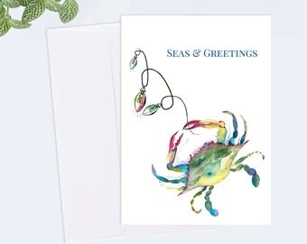 Crab christmas cards | Etsy Beach Christmas Cards, Blue Crab Watercolor, Seas And Greetings, Beach Christmas Card, Crab Watercolor, Watercolor Christmas Cards, Beach Watercolor, Beach Christmas, Watercolor Blue