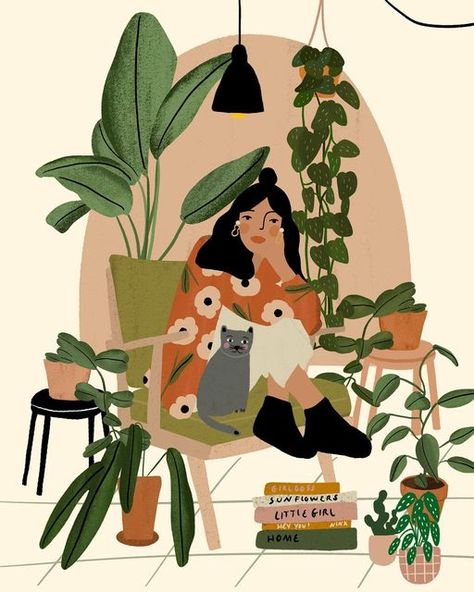 Plant Lady Art, Houseplants Illustration, Plant Lady Aesthetic, Blooming Illustration, Plant Mom Aesthetic, Cat Plants, Fashion Illustrations Techniques, Space Artwork, Plant Images