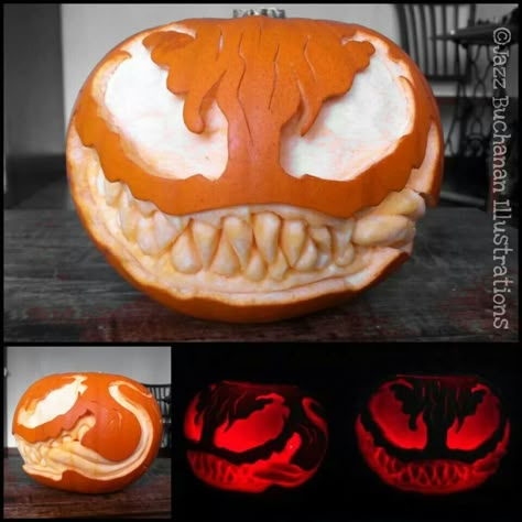 Pumpkin Carving Ideas Venom, Venom Pumpkin Carving, Marvel Pumpkin Carving, Marvel Pumpkin, Venom Pumpkin, Hosting Party, Creative Pumpkin Painting, Scary Halloween Pumpkins, Pumkin Carving