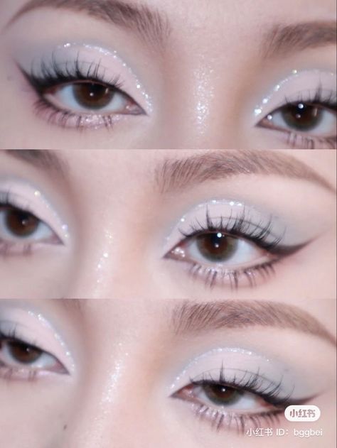 Glam | makeup | blue eye look | doe eyes look| Formal Makeup Colorful, Douyin Prom Makeup, Ethereal Makeup Aesthetic, Dreamcore Makeup, Etheral Make Up, Doll Makeup Pretty, White Makeup Ideas, Glitter Eyeliner Looks, Simple Make Up Looks