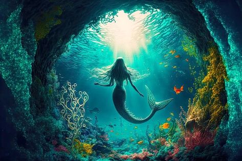 Fantasy Underwater, Underwater Tattoo, Mermaid Man, Mermaid Artwork, Underwater Painting, Fantasy Mermaids, Magic Land, Mermaid Swimming, Bottom Of The Ocean