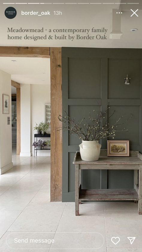 Bedroom Curved Wall, Dark Green Walls Wood Ceiling, 1930s Style Home, Panelling In Hallway, Walls And Trim Same Color, Moody French Country, Tudor Paneling, French Country Entryway Ideas, Hallway Panelling Ideas