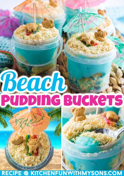 These adorable Sand Pudding Beach Buckets are the ultimate summer dessert for kids! The cute little sunbathing teddy grahams are surrounded by crushed cookie sand, blue cheesecake pudding, and a layer of moist white cake. Sand Bucket Pudding Dessert, Sand Cups Dessert, Beach Bear Dirt Cups, Sand Pudding Dessert, Sand Bucket Cake, Pudding Sand Cups, Drinks In Sand Buckets, Beach Theme Food, Sand Dessert