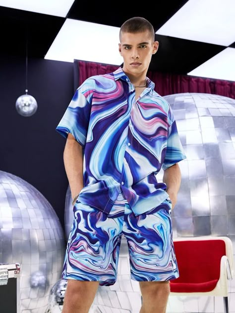 Space Inspired Outfits Men, Vaporwave Aesthetic Outfits Men, Spacecore Aesthetic Outfit Men, Spacecore Outfits Male, Vaporwave Aesthetic Outfits, Rave Outfit Men, Colorful Rave Outfit, Cosmic Disco, Lounge Wear Men