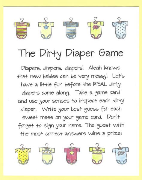 This game is good preparation for one of the hardest parts of parenting - THE DIRTY DIAPER! The game is funny and slightly gross. You will ask the shower attendants to guess which sweet mess is in each of 5 different DIRTY diapers. The good news is that the messes are really a variety of melted Wishes For Baby Shower, Easy Baby Shower, Easy Baby Shower Games, Couple Shower Games, Baby Name Game, Baby Shower Wishes, Couples Baby Showers, Baby Due, Simple Baby Shower