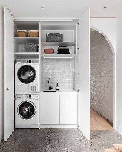 European Laundry, Laundry Cupboard, Laundry Makeover, Laundry Nook, Hidden Laundry, Compact Laundry, Garage Laundry, Laundry Room Closet, Laundry Room Layouts