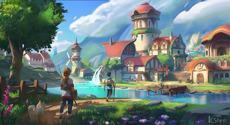 ArtStation - Coastal Fishing Village - Palia Fanart, YiChen Shen Fantasy Houses, Cozy Games, Fantasy Village, Lake Village, Fantasy Town, Lost Souls, Landscape Concept, Fantasy City, Concept Artist