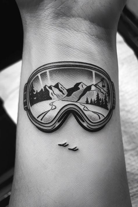 Ski goggles tattoo with mountain landscape and trees inside. Hockey Tattoos, Small Wrist Tattoo Ideas, Snowboard Tattoo, Snowboarding Tattoo, Skiing Tattoo, Women Tattoo Inspiration, Hockey Tattoo, Small Wrist Tattoo, Tattoo Ideas For Females