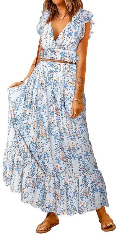 Amazon.com: Dokotoo Women's 2 Piece Skirt Sets Cap Sleeve Deep V Neck Boho Dress Ruffle Tiered Maxi Dress for Women Tie Waist Chiffon Flowy Beach Dresses Medium Multicolor : Clothing, Shoes & Jewelry Boho Family Pictures, Crop Top And Maxi Skirt, Fitted Maxi Skirt, Ruffled Crop Top, Maxi Skirts Summer, Floral Print Maxi Skirt, Womens Boho Dresses, Casual Chic Summer, 2 Piece Skirt