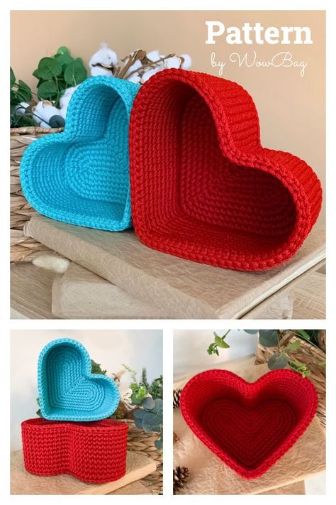 Heart Shaped Baskets Crochet Pattern Cute Basket Crochet Pattern, Crochet Heart Basket Pattern, Heart Box Crochet, Crochet Dome Shape, Crochet Heart Basket Free Pattern, Crochet Heart Box Free Pattern, Crochet Heart Cake, Crochet Heart Basket, Crocheted Hearts Pattern Free