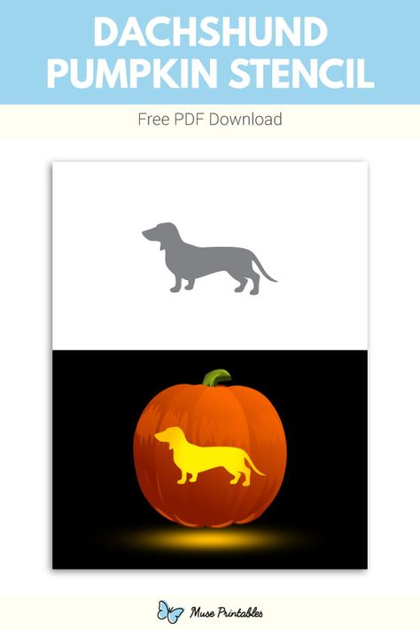 Free printable dachshund pumpkin stencil. Download it at https://museprintables.com/download/pumpkin-stencil/dachshund/ Pumpkin Carving Weiner Dog, Dachshund Pumpkin Carving Stencil, Pumpkin Carving Dachshund, Weenie Dog Pumpkin Carving, Sausage Dog Pumpkin Carving, Weiner Dog Pumpkin Carving, Wiener Dog Pumpkin Carving, Dachshund Pumpkin Carving Ideas, Weiner Dog Pumpkin