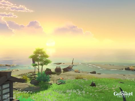 Inazuma Landscape, Landscape Beach, Genshin Impact, Golf Courses, Celestial Bodies