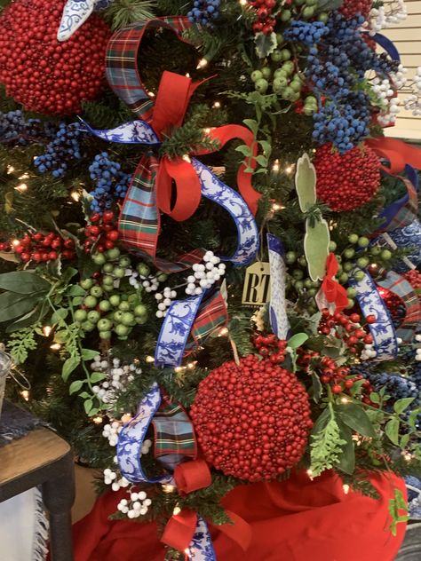 Green Red And Blue Christmas Decor, Red Gold Navy Christmas Tree, Red White Blue Christmas Tree Ideas, Blue Red And White Christmas Tree, Navy Red Green Christmas Decor, Traditional Plaid Christmas Tree, Light Blue And Red Christmas Tree, Red White And Blue Christmas Tree Ideas, Blue Red And Green Christmas Tree