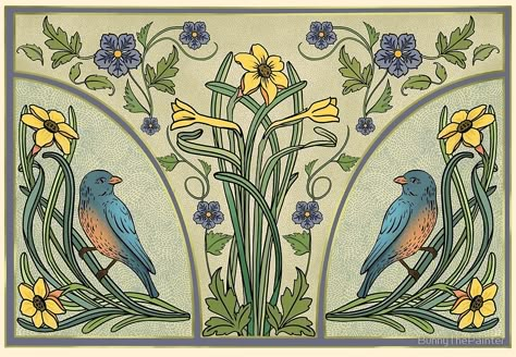 This beautiful Art Nouveau inspired piece features two lovely bluebirds, daffodils and other decorative flowers and leaves.   Painting, Bluebird, Spring, Art-nouveau, Art-deco, Flowers, Floral, Vintage, Ornate, Decorative, Daffodil, Sunflower, Nouveau, Interior design, Antique, Birds, English, Mosaic, Tile, Flowing, Songbird, vine, leaf, garden Art Deco Sunflower, Art Nouveau Spring, Sunflower Art Nouveau, Art Nouveau Floral Design, Art Nouveau Sunflower, Art Nouveau Leaves, Art Nouveau Bird, Art Deco Bird, Art Deco Flowers