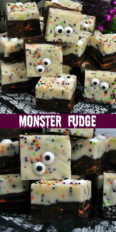 Halloween will be here before you know it. Get your little ghouls & goblins in the spirit of things with a big batch of this quick & easy Monster Fudge. It's an adorably spooky dessert that will have all the monsters (old & young) crowding around the treat table. Monster Fudge, Easy Halloween Fudge Recipe, Old Fashioned Halloween Treats, Easy Halloween Fudge, Fudge Recipes Halloween, Halloween Desserts Recipes, Halloween Fudge Ideas, Easy Halloween Desserts For A Crowd, Halloween Desserts For A Crowd