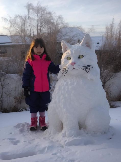 Cat Snowman, Outdoor Snowman, Snow Cat, Huge Cat, Snow Animals, Snow Sculptures, Ice Sculptures, Cat Stuff, Winter Wonder