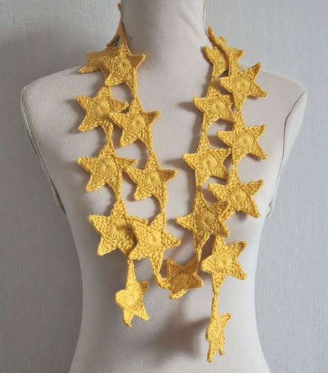 Crochet Gold Yellow Star Garland Star Scarf Crochet, Crochet Star Clothes, Yellow Yarn Crochet Projects, Eclipse Crochet, Yellow Crochet Ideas, Clowncore Crochet, Crochet Star Sweater, Yellow Crochet Projects, Crochet Neck Tie