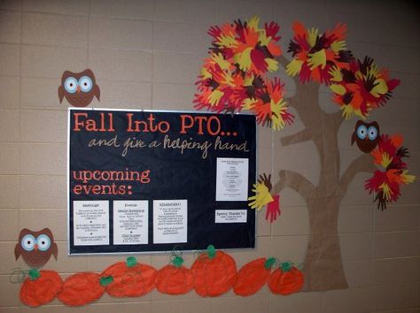 Fall Bulletin Board -- using wall around the bulletin board.  Like the owls , of course!! And the use of the wall for the tree! Very cute! Pto Bulletin Board, Pto Membership, Membership Ideas, Pta Bulletin Boards, Pto Mom, Pto Meeting, Pta Board, Pto Board, Pta Membership