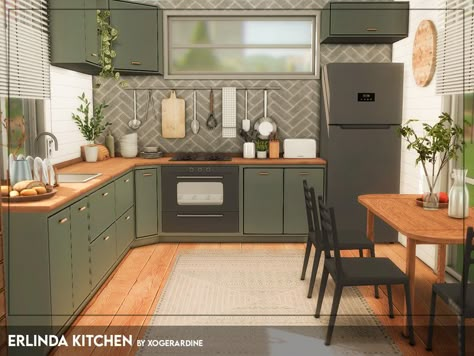 Small Kitchen Ideas Sims 4, Sims 4 Cc Green Kitchen, Kitchen Ideas Sims, Sims4 Kitchen Ideas, Small Kitchen Sims 4, Sims 4 Boho Kitchen Cc, Sims 4 Green Kitchen, Sims 4 Kitchens, Cute Sims 4 Kitchens