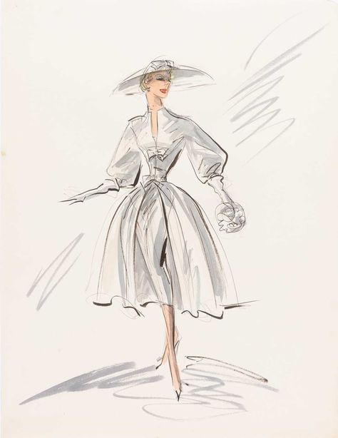 Lot 666 - A fine original Edith Head sketch for Grace Great Gatsby Sketch, Old Fashion Sketches, Hollywood Illustration, Edith Head Sketches, Edith Head Designs, Old Vogue, Edith Head Fashion, Manners And Etiquette, Vogue Illustrations