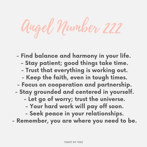 Angel number 222 is a sign of balance, harmony, and partnership. It encourages you to trust the process and stay patient, as things are aligning in your favor. Focus on maintaining harmony in your relationships and stay optimistic about your journey. 🌟 222 Angel Number, Angel Number 222, Seek Peace, Spiritual Manifestation, Good Things Take Time, Keep The Faith, Meditation Room, Trust The Process, Angel Number