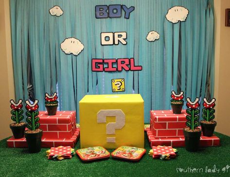 Dennis and Richelle's Super Mario Gender Reveal Super Mario Gender Reveal Party, Mario Gender Reveal Ideas, Super Mario Bros Gender Reveal, Nerd Gender Reveal, Mario Bros Gender Reveal, Mario Kart Gender Reveal, Mario Themed Gender Reveal, Video Game Baby Shower Theme, Video Game Gender Reveal