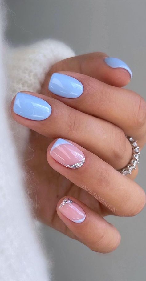 Ballerina Short Nails Designs Ideas, Plain Gel Nail Ideas, Shellac Nail Designs Summer, Extra Short French Nails, Classy Summer Gel Nails, Shellac Nail Designs Short, Blue White Nails Design, Short Shellac Nails Summer, Shellac Nails Ideas