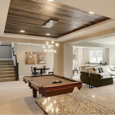 Basement Elevated Basement, Split Basement Ideas Layout, Big Basement Ideas Layout, House Basement, Modern Rec Room, Country Basement, Craftsman Basement, Nice Basements, Modern Farmhouse Finished Basement