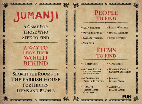 Jumanji: A Game for Those Who Seek to Find [Hidden Object] - FUN.com Blog Van Pelt Jumanji, Jumanji Game, Jumanji Board Game, Detective Theme, Hidden Object Game, Jungle Decorations, Free Printable Stationery, Game Rules, Holiday Club